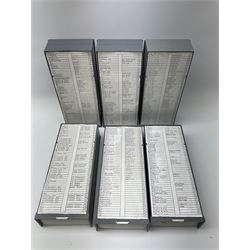 Over one thousand four hundred and fifty annotated and dated photographic slides of worldwide shipping and maritime interest including warships, naval and merchant vessels 1950s - 2000s contained in twenty-five matching plastic slide boxes, each with index to the top