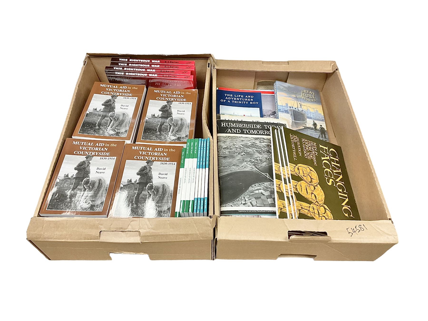 Books - Thirty seven copies of Mutual Air in the Victorian Countryside 1830-1914 by David Neave, four copies of Voices of Hull Real-Life Stories from the Hull City Play edited by Trevelyan Wright, four copies of The Journal of Surgeon Cass Aboard the Whaler 'Brunswick' of Hull, 1824 edited by A G Credland, four copies of This Righteous War by B S Barnes, four copies of Flying Sail Humber Keels and Sloops by Michael E Ulyatt, four copies of Old Beverley by Philip Brown, etc., in two boxes 