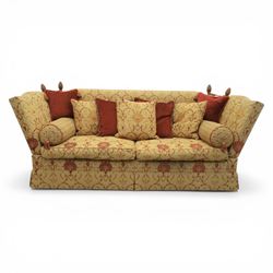 David Grundy - Grande Knoll style drop-arm settee in patterned fabric with nine associated scatter and bolster cushions