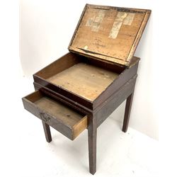 19th century pine writing desk, sloped hinged lid, single drawer, square supports