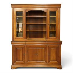 Barker & Stonehouse - large cherrywood bookcase cabinet, the moulded cornice above two gla...