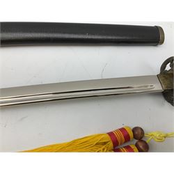 Three reproduction swords - Japanese katana and saya; Tai Chi sword with ornate scabbard; and dress sword with fullered triangular blade and horn handle (3)