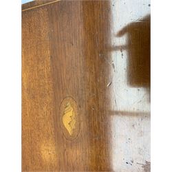 Late 19th/early 20th century composite canteen of silver flatware, contained within an early 20th century mahogany serpentine fronted case with twin drop carry handles, and hinged cover with boxwood stringing and central inlaid shell motif, above a single drawer with twin ring handles and Wellington style locking system, the cover and drawer opening to reveal plaque for Spink & Sons Ltd London, and fitted interior containing ivory handled knives, ivory handled carving set, and silver Hanoverian and Old English pattern cutlery, each with engraved monogram to terminal, hallmarked London, makers Spink & Son (John Marshall Spink), Goldsmiths & Silversmiths Co, and Chawner & Co (George William Adams), various dates ranging 1880-1923, gross weighable silver 92.59 ozt (2880 grams)