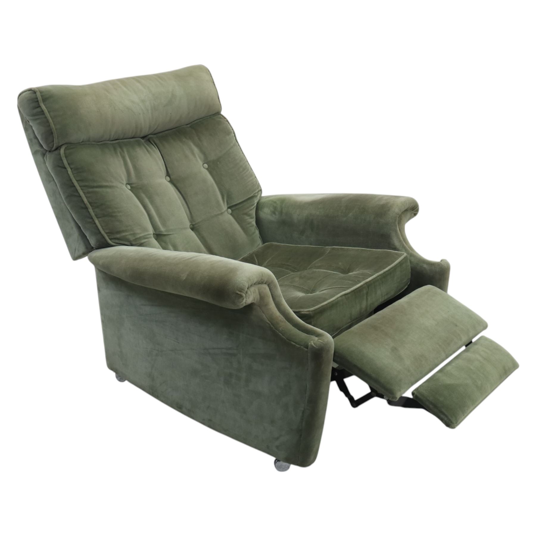 Parker Knoll - mid 20th century reclining armchair, upholstered in green velvet button fabric