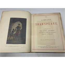 The Library Shakspeare Illustrated by Sir John Gilbert, George Cruikshank and R. Dudley with laid-in colour plates, three volumes, uniformly bound in half leather with a.e.g.