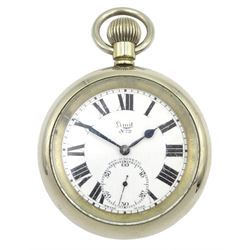 Railroad chrome open face keyless Swiss lever pocket watch, white enamel dial with Roman numerals and subsidiary seconds dial signed Limit No 2, the screw back case engraved L.N.E.R. 7515