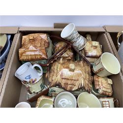 Two Poole Pottery dinner plates and a meat plate, four Copeland Spode Bermuda pattern dinner plates, Sadler jug, Keele St Pottery cottage tea wares, Torquay Motto ware, blue and white jug and bowl, two large planters and other ceramics, etc, in four boxes 