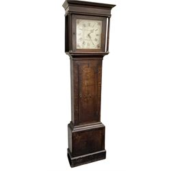 John Chambley of Wolverhampton - George III oak cased 30hr longcase clock c1790, with a flat topped hood and frieze, square hood door flanked by reeded pilasters with brass capitals, trunk with an inlaid full length door on a square plinth with applied skirting, 12