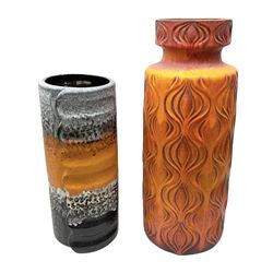 Two large West Germany pottery vases of cylindrical form with black and orange moulded decoration, with impressed marks beneath, largest H