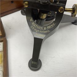 W. Watson & Sons Ltd lacquered brass compound microscope circa 1910, the back foot signed W. Watson & Sons Ltd, 313 High Holborn London and numbered 8193, together with a boxed collection of glass microscope biological sample slides