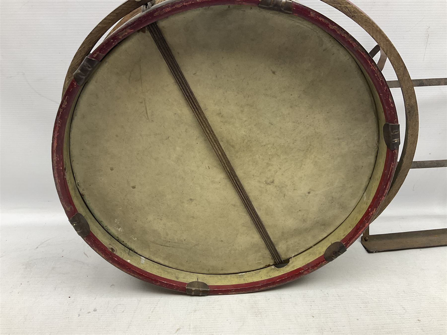 Disassembled early 20th century Boys Brigade snare drum D37cm with copy WW1 period photograph of the Kirbymoorside Boys Brigade; early 20th century hardwood clarinet; bagpipes chanter; and Dulcet E-flat penny whistle
