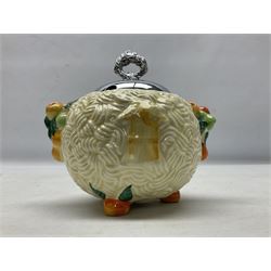 Clarice Cliff Celtic Harvest pattern sugar bowl, with original silver plate cover upon basket weave effect spherical body decorated with raised stylised fruit, H11cm