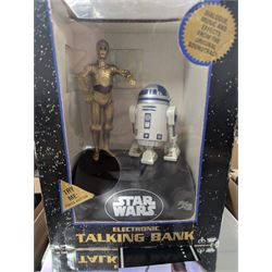 Large collection of Star Wars collectables, including figural mugs, books, talking bank, Darth Maul container, glasses, etc, in five boxes