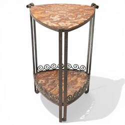Art Nouveau wrought metal and specimen marble two-tier occasional table, the triangular ma...