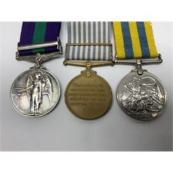 Korean War group of three medals comprising ERII Korea Medal awarded to 22307852 Pte. M. McGill R.A.M.C., UN Korea Medal and ERII General Service Medal with Malaya clasp to 22307852 Cpl. M. McGill R.A.M.C.