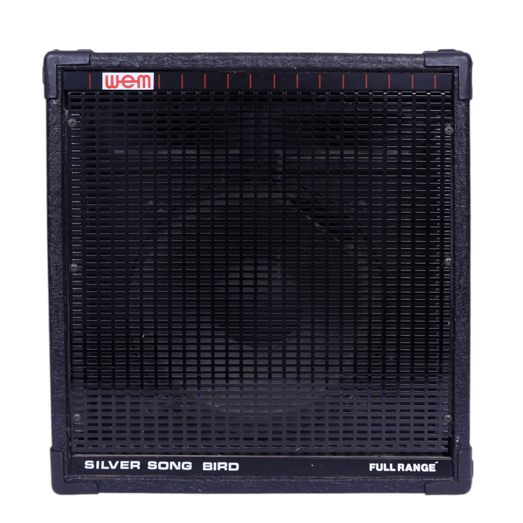 Nine Watkins WEM Song Bird Accordion amplifiers and speakers, including three Silver Songbird Full Range speakers, two Song Bird 200 amplifiers, two WEM amplifier heads and two Song Bird 200 speakers, largest H50cm 