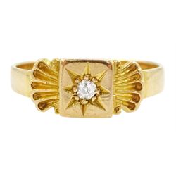 Victorian 18ct gold single stone diamond ring, the central star set old cut diamond with a scallop shell detail either side, Chester 1898