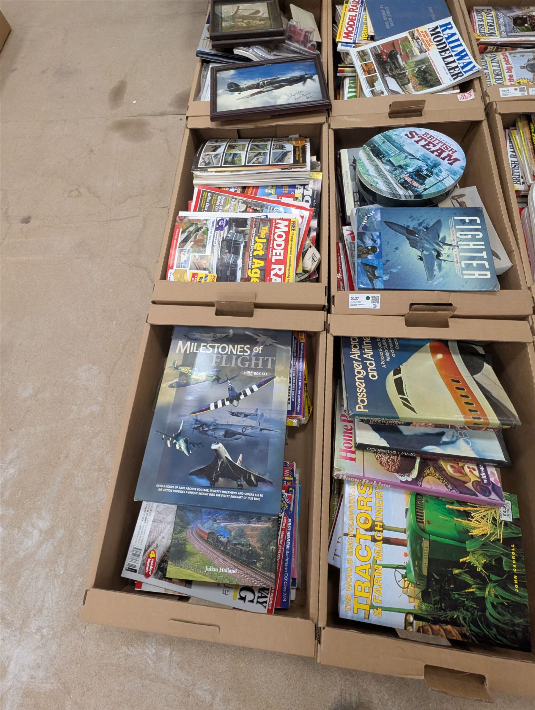 Large collection of model railway magazines, including Railyway Modeller, British Railway Modelling and Model Rail, together with railway and similar reference books, childrens books and VHS tapes in eleven boxes