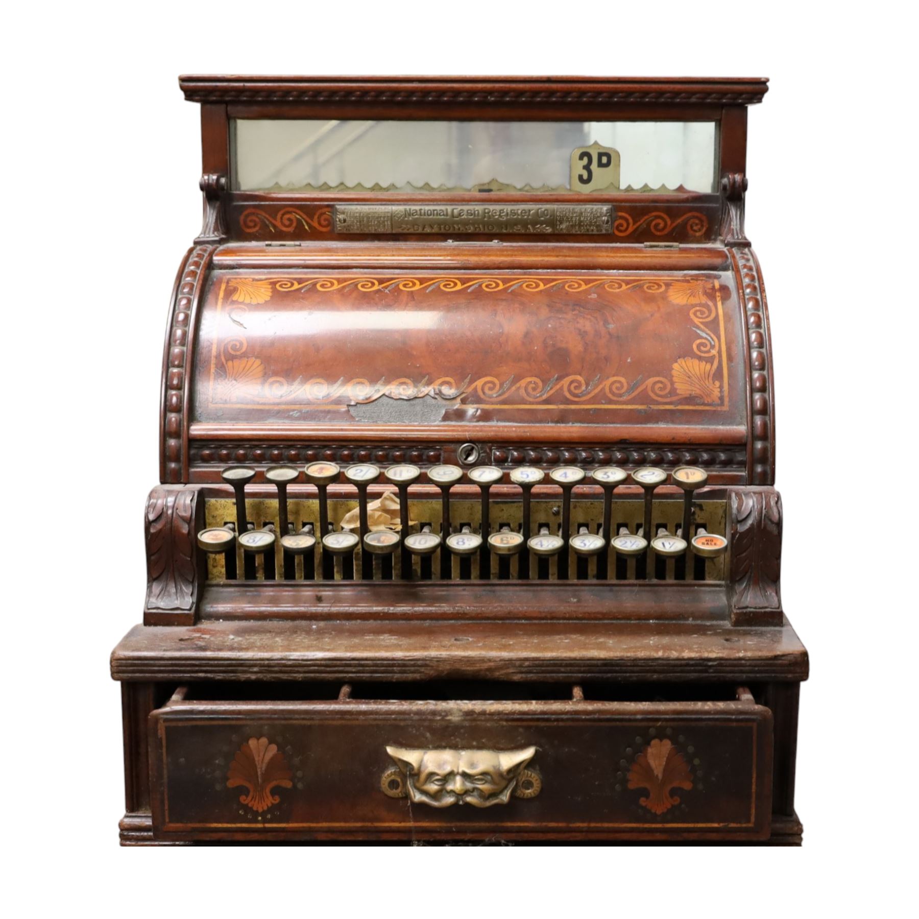 Late 19th Century American cash register in an inlaid walnut case by the National Cash Register Co. Dayton, Ohio USA, H48cm
