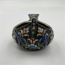 Late 19th century Russian silver kovsh, the body with polychrome cloisonne enamel floral decoration and turquoise enamel bead borders to base and handle, marked beneath with Kokoshnik mark, 84 standard, makers mark MC, possibly for Mikhail Fyodorovich Sokolov, L7cm, H3cm