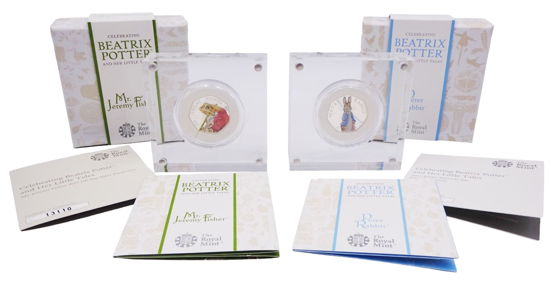 Two The Royal Mint United Kingdom Beatrix Potter silver proof fifty pence coins, 'Mr Jeremy Fisher' and 'Peter Rabbit', both cased with certificates