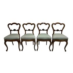 Set of four Victorian rosewood dining chairs, shaped cresting rail with C-scroll decoration, the centre rail carved with central cartouche and acanthus leaves, seat upholstered in pale teal fabric, raised on cabriole supports