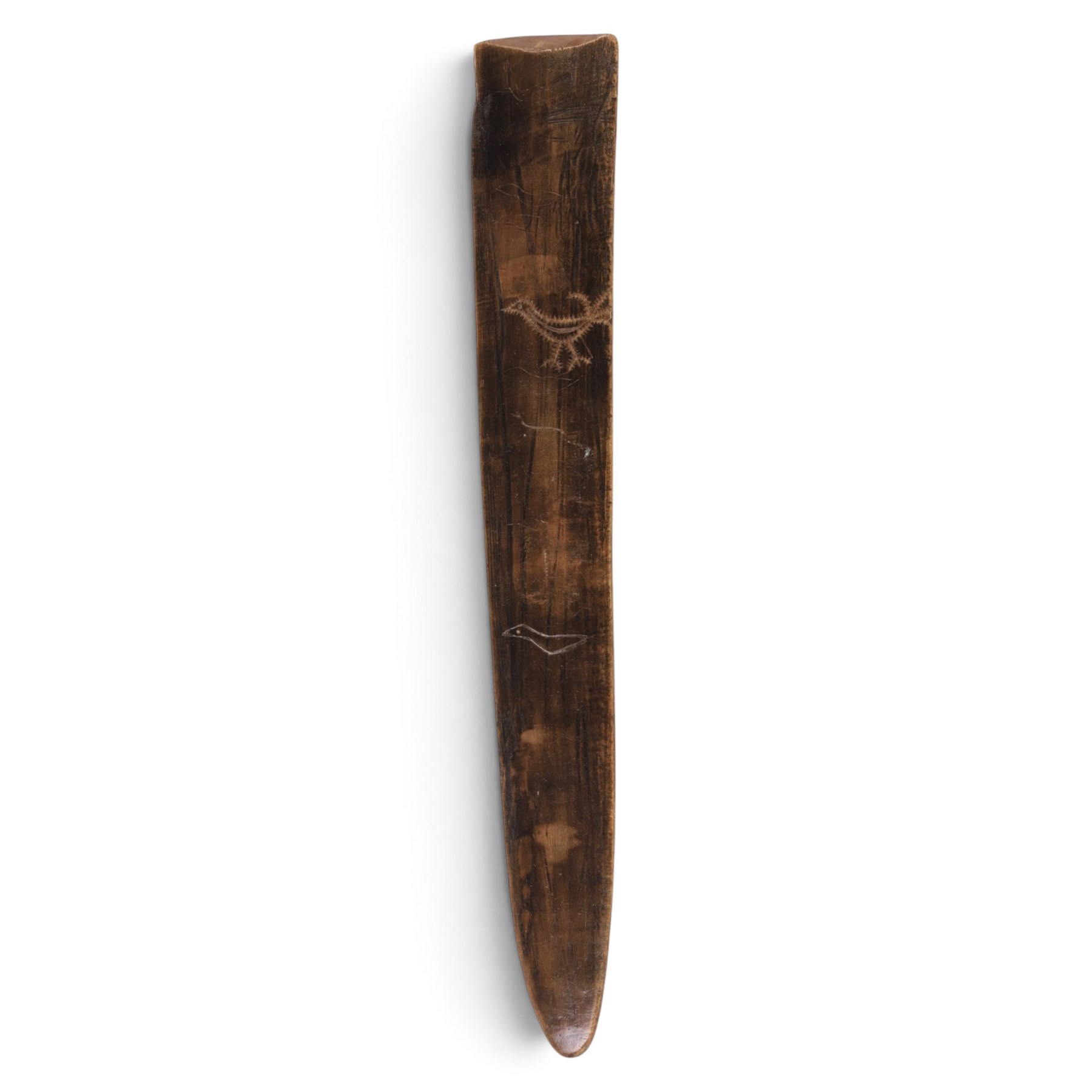 19th century stay busk, of typical triangular form carved with hearts and stylised flowers, with two carving of birds to the verso, L29cm