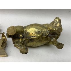 Large brass figure of a hereford bull, together with a brass figure of a blacksmith, bull H15cm