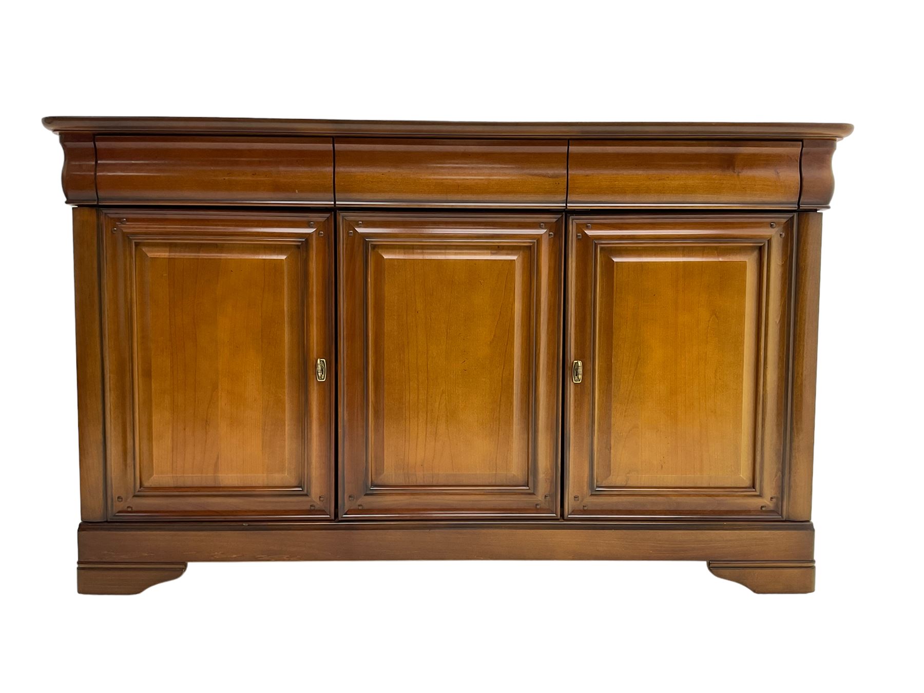 Cherry wood sideboard, fitted with three cushion drawers over three panelled cupboard doors, on bracket feet