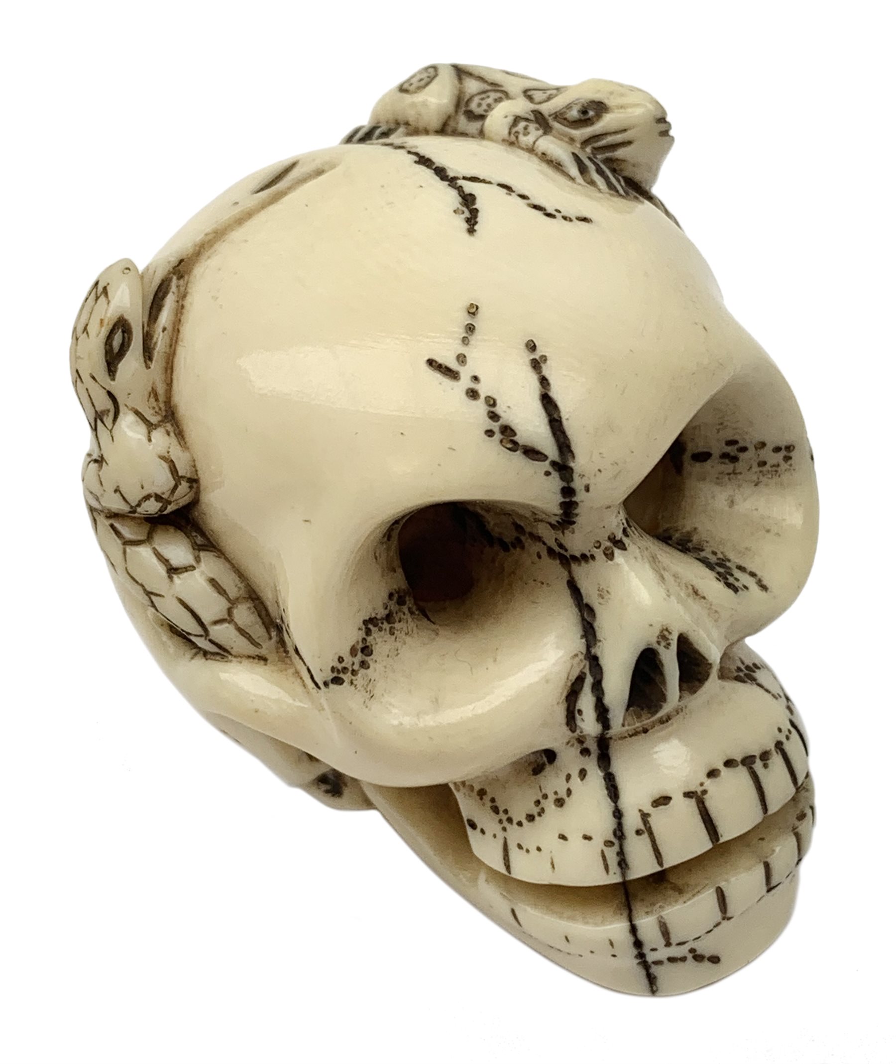 Japanese Meiji carved ivory netsuke, modelled as a skull, the top carved with two toads, and script and signature to reverse, L5cm, H4cm   