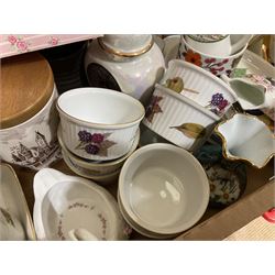 Five boxes of ceramics to include Royal Albert trinket dishes in the 'Memory Lane' pattern, blue and white ceramics, Royal Worcester 'Evesham' ramekins, and other ceramics by Aynsley and Royal Doulton etc