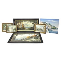 French school (20th century) mediterranean harbour scheme oil on canvas together with three prints after Vargas and furter landscape prints 