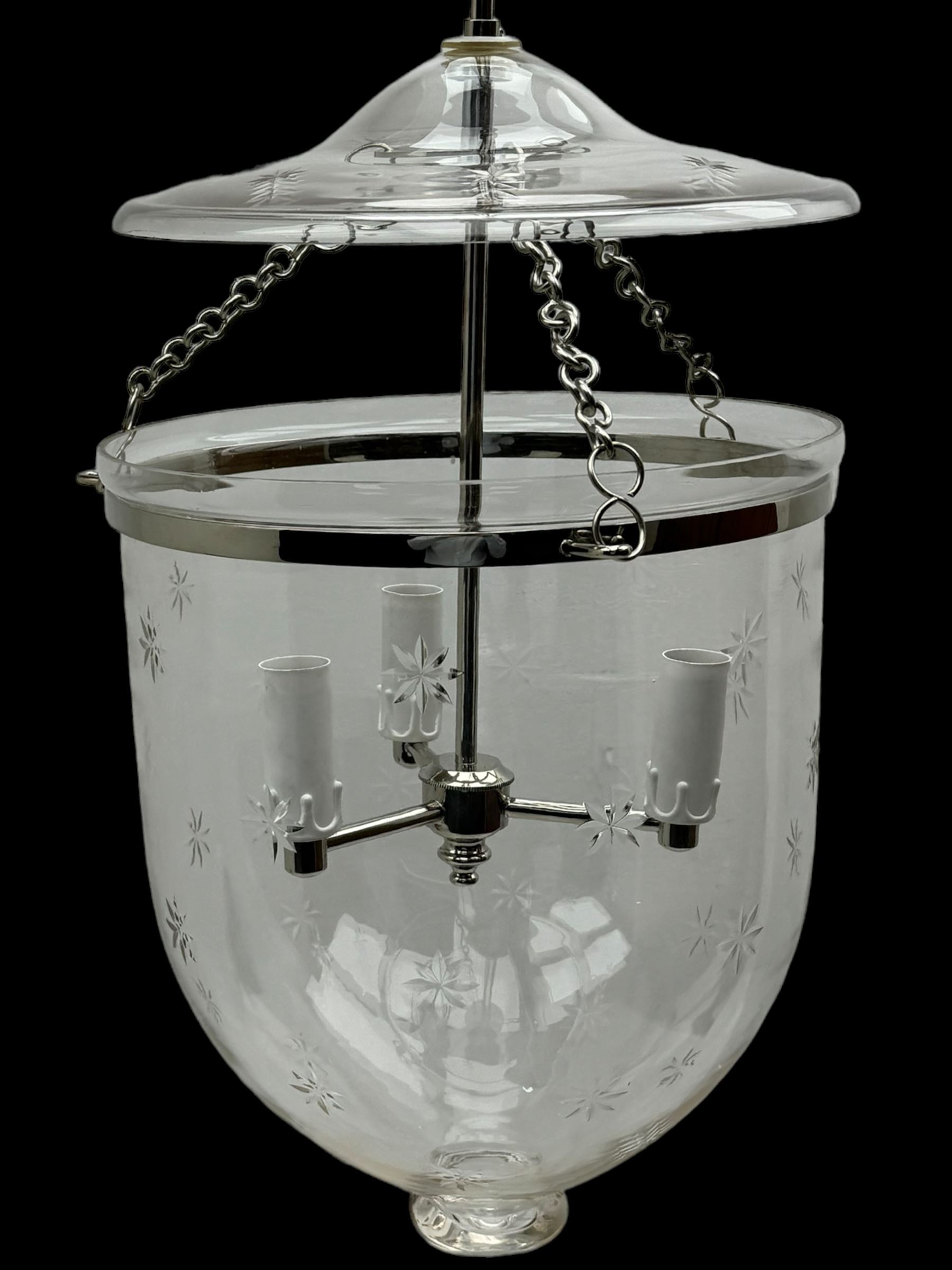 India Jane Interiors - pair of hallway glass bell jar ceiling lanterns, fitted with three branches, decorated with bevelled star motifs - ex-display/bankruptcy stock 