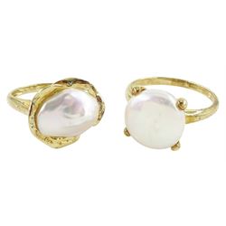 Two 9ct gold cultured pearl stone set rings, hallmarked