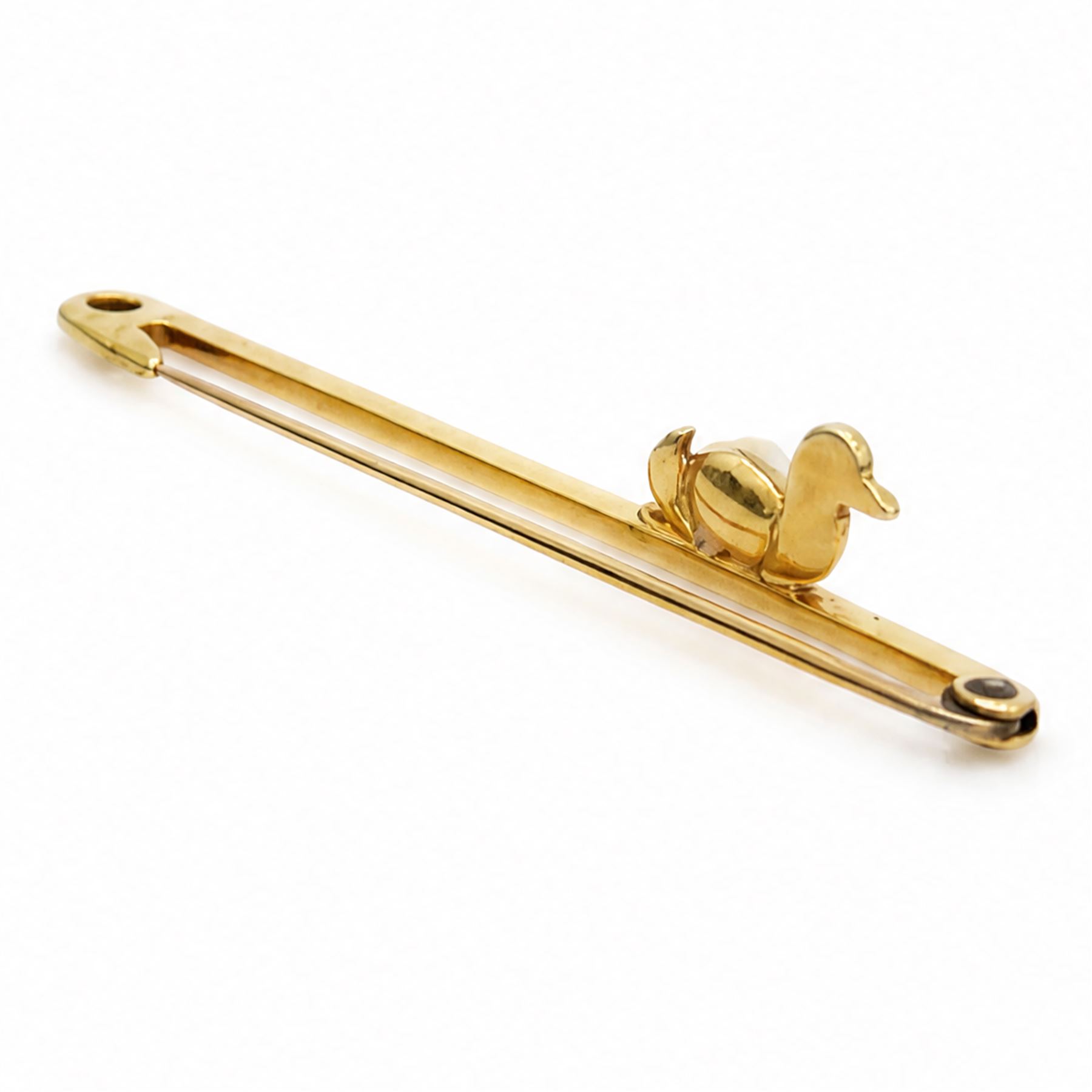 Early 20th century gold pearl and enamel duck brooch, stamped 15ct