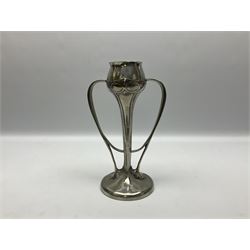 Archibald Knox (1864-1933) for Liberty & Co, Tudric pewter tulip vase, with bulbous bowl upon a tapering stem leading to a spreading foot issuing twin tendril handles that rise to meet the bowl, stamped beneath 029, H25cm