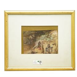 Circle of George Cattermole (British 1800-1868): The Lord's Entrance and Knights at Rest by Sarcophagus, two watercolours signed; (Henry William Lowe) Hurst (British 1865-1938): 'Old Cronies', watercolour signed max 27cm x 42cm (3)