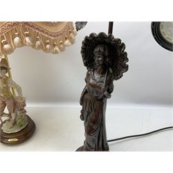 A Belcari figural table lamp, modelled as a young gent leaning upon brick wall, on turned wood base, signed, H70cm incl shade, together with bronzed figural table lamp of a lady with parasol upon ornate circular plinth base, two ceramic table lamps and another lamp (5)