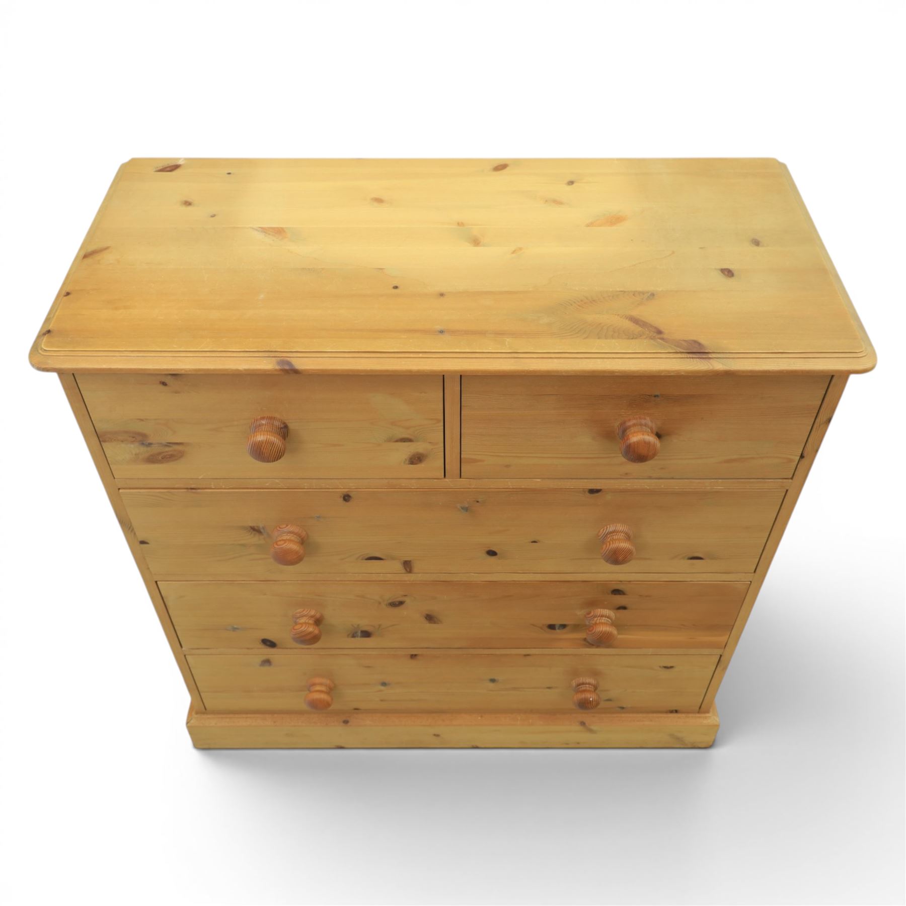 Solid pine chest, fitted with two short and three long drawers