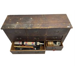 19th century pine tool chest fitted with a combination of eight drawers; together with content including tools, AA and RAC badges, electric equipment etc.