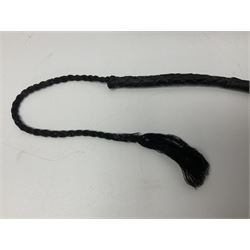 Near pair of short swords each with slightly curving 41cm fullered steel blade and all brass H-shaped hilt L52cm overall; plaited black leather whip; and reproduction pair of brass hilted swords, brass halberd blade and mace (7)