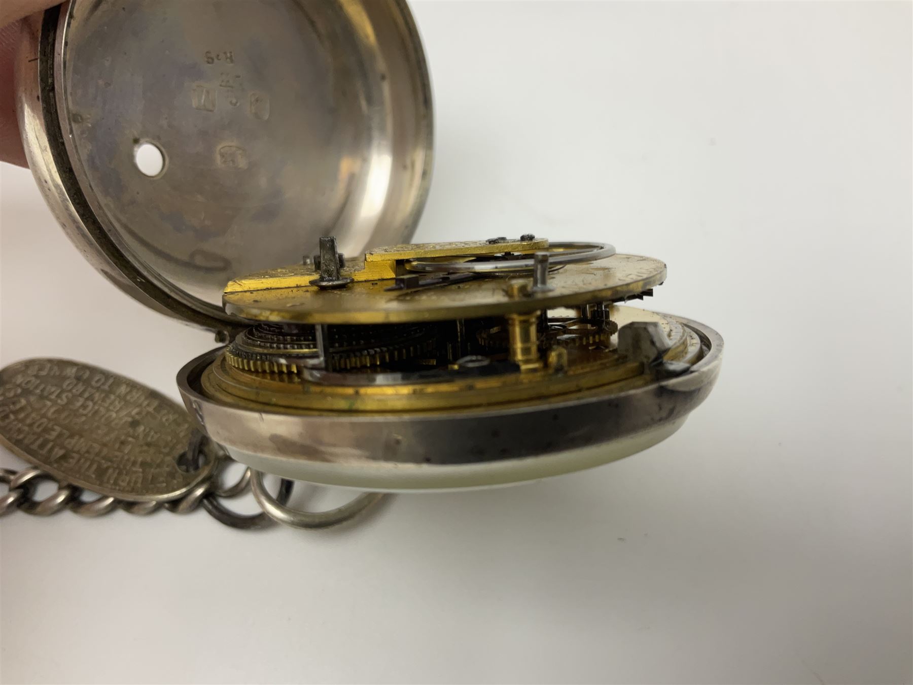Victorian silver pair cased fusee lever pocket watch, No. 6765, cream enamel dial with Roman numerals, case makers mark R.S, Birmingham 1861, on silver Albert chain