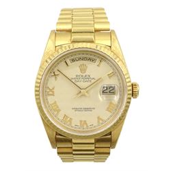 Rolex Oyster Perpetual Day-Date gentleman's 18ct gold wristwatch, circa 1996, Ref. 18238, serial No. T276856, cream pyramid Roman dial, on 18ct gold Presidential bracelet with fold-over clasp