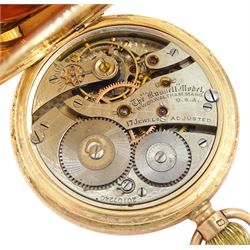 Early 20th century 9ct gold full hunter keyless lever pocket watch by American Watch Company, Waltham, No. 20107240, white enamel dial with Arabic numerals and subsidiary seconds dial, makers mark T R & S, Chester 1922