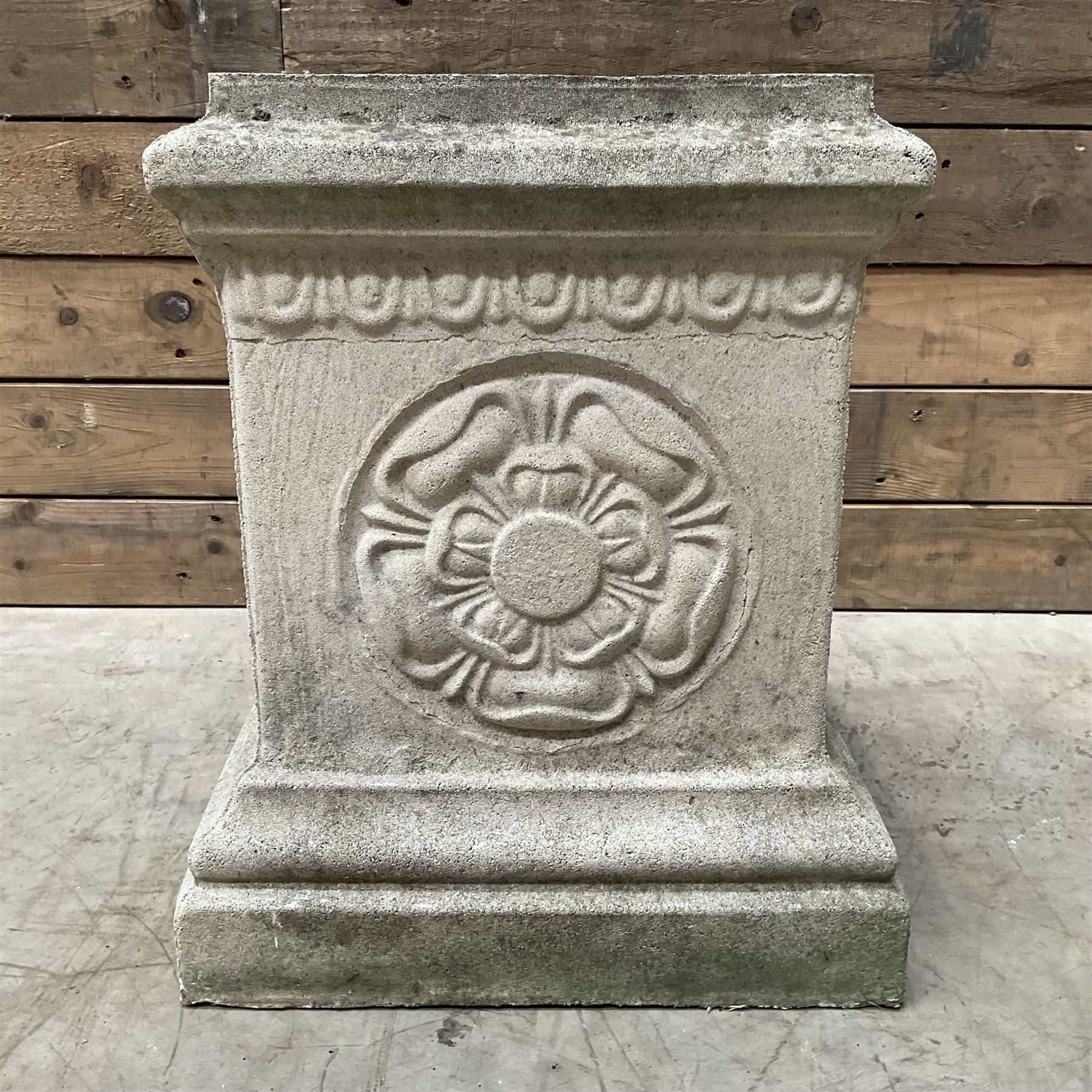 Cast stone garden pedestal with relief 'Yorkshire Rose' motif