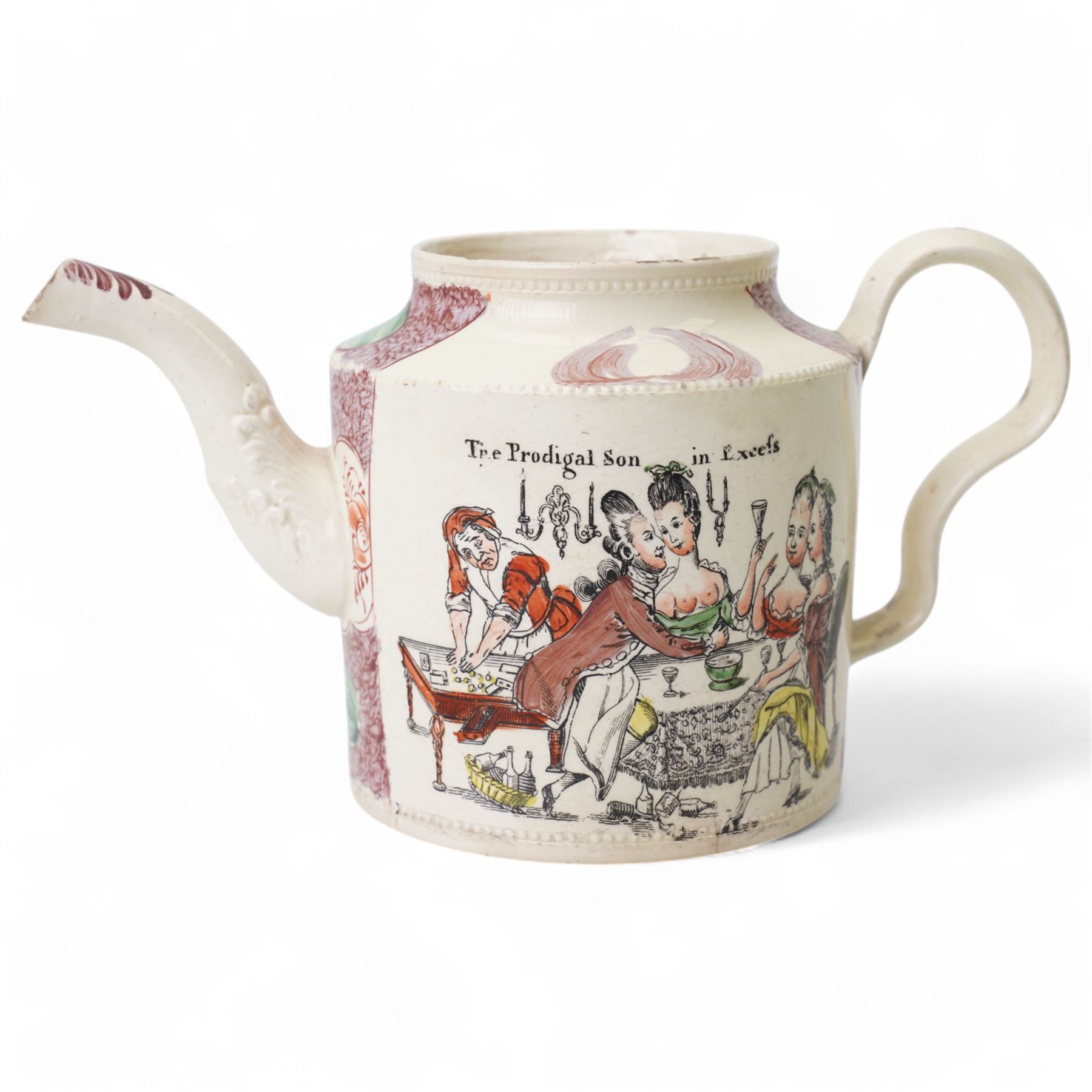 Late 18th century creamware teapot by William Greatbatch, decorated with scenes from 'The Prodigal Son' series including 'The Prodigal Son in Excess' and 'The Prodigal Son in Misery', lacking cover, H10cm