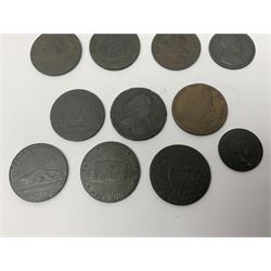 Thirty six late 18th century onwards tokens to include Georgian love token engraved ‘Betty Barlow’ to reverse of 1788 Anglesey Mines halfpenny, 1792 Coventry halfpenny, 1792 North Wales halfpenny, 1795 Duke of York halfpenny etc 