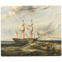 T Emerson (British 20th century): Sailboat on Choppy Seas - possibly Flamborough, oil on canvas faintly signed 51cm x 61cm (unframed)
