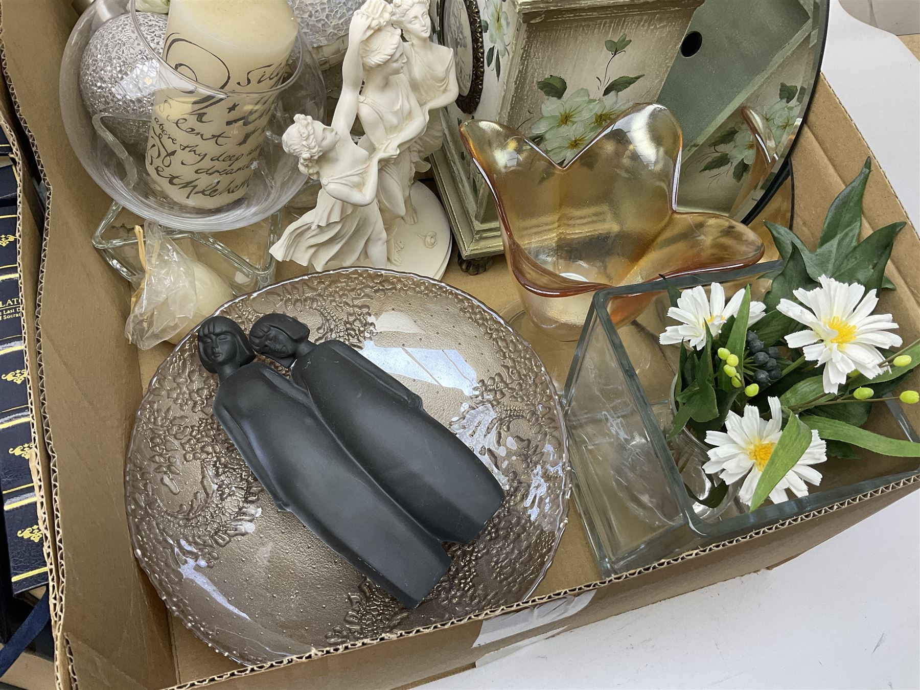 Quantity of glassware and ceramics to include Royal Doulton 'Sisters' matte black figure, vases, clock, and a quantity of Penguin books etc in two boxes