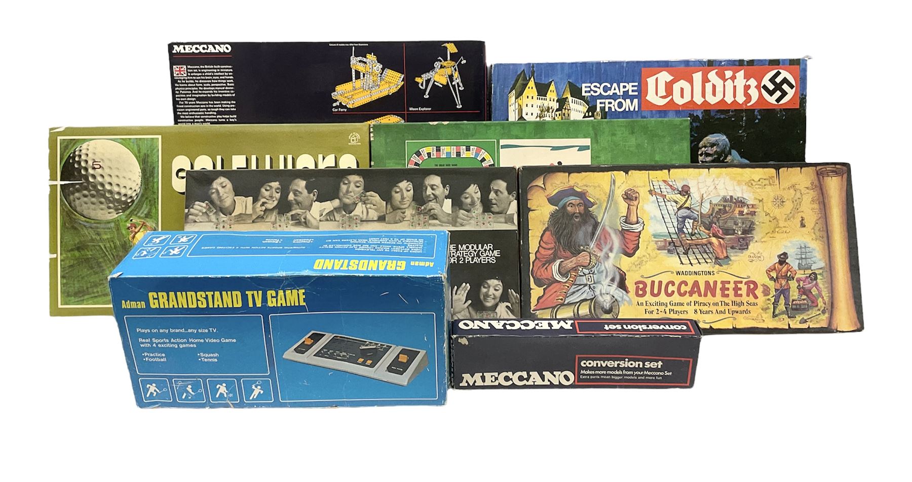 Meccano - Set No.5 with instruction booklets and Set 1+1X Conversion Set; both boxed; Adman Grandstand TV Game; boxed; Parker Colditz Board Game; and four Waddingtons Board Games including Cube Fusion, Totopoly, Golf Winks and Buccaneer; all boxed (8)